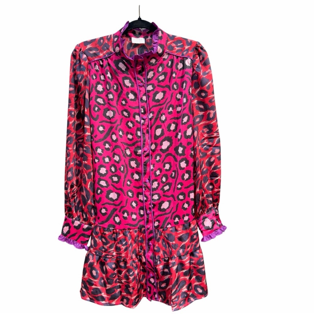 Fate Leopard Print Mini Dress Pink Red Purple Party Ruffle Long Sleeve Belted